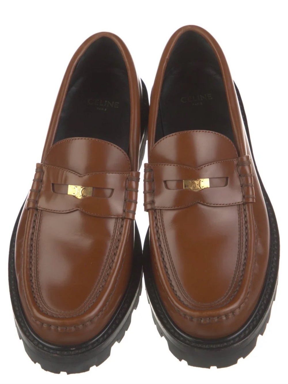 Celine Tan Leather Penny Loafers with Gold Thriomphe size 38 US 8 w/receipt